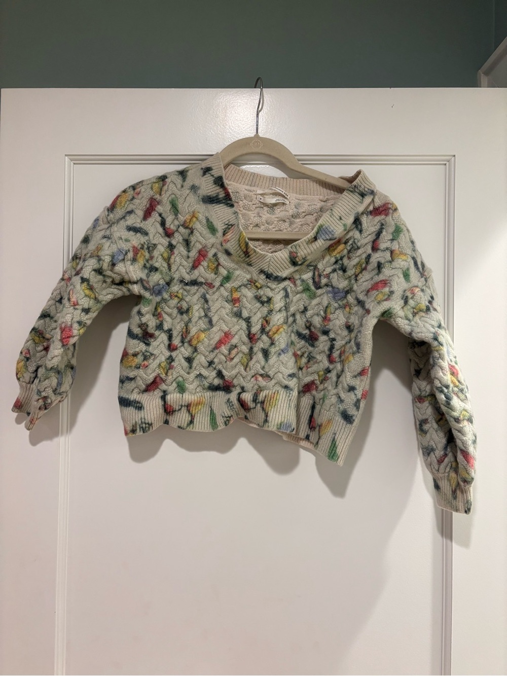 Anthropologie Cream Cable V-Neck Sweater with Multicolor Flecks